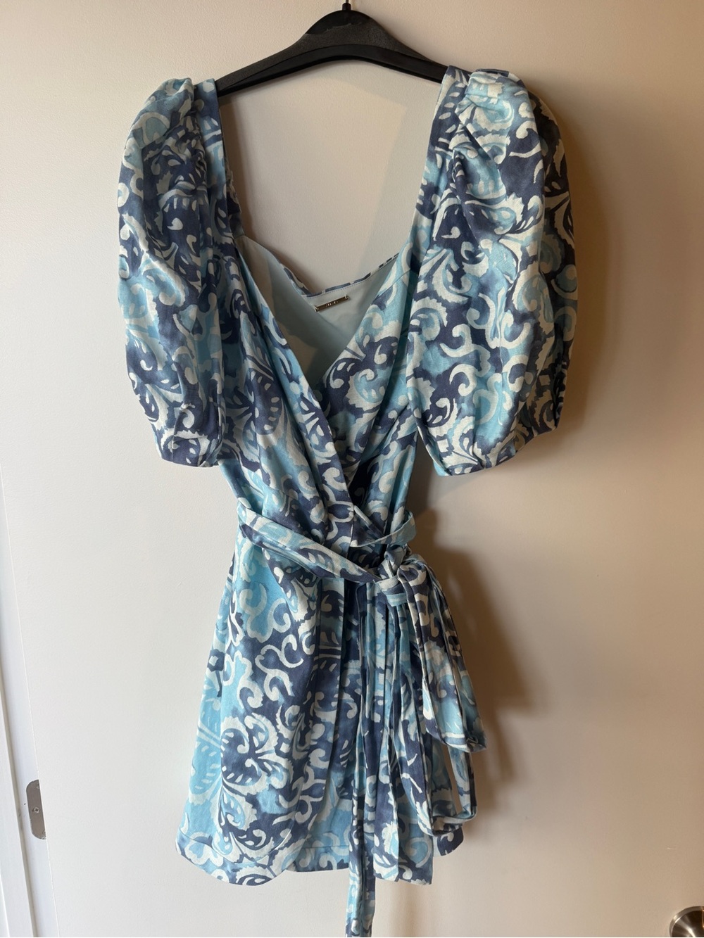 Alexis Blue and Navy Print Puff-Sleeve Wrap Mini Dress